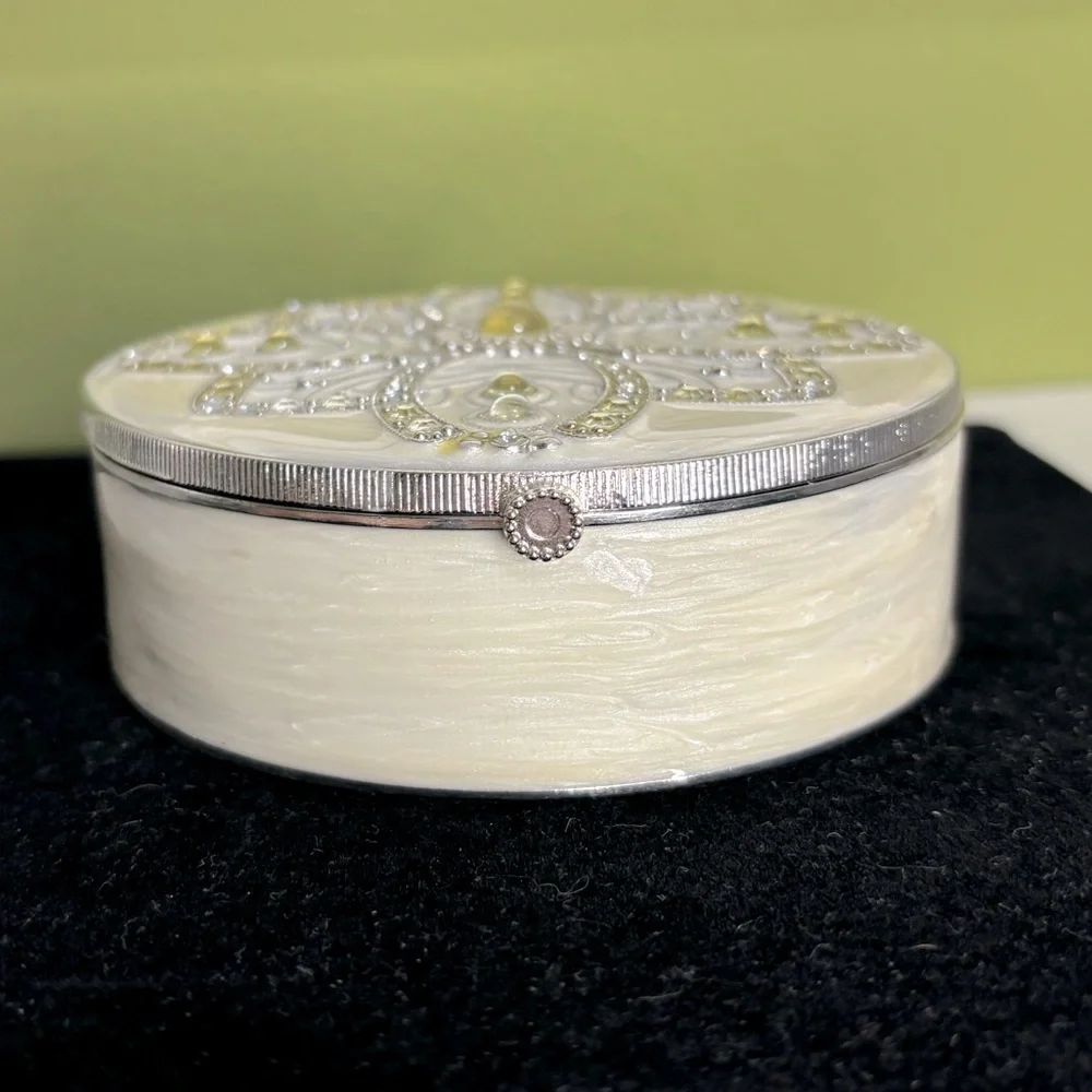 Enamel Rhinestone Jewelry Box Cream Silver